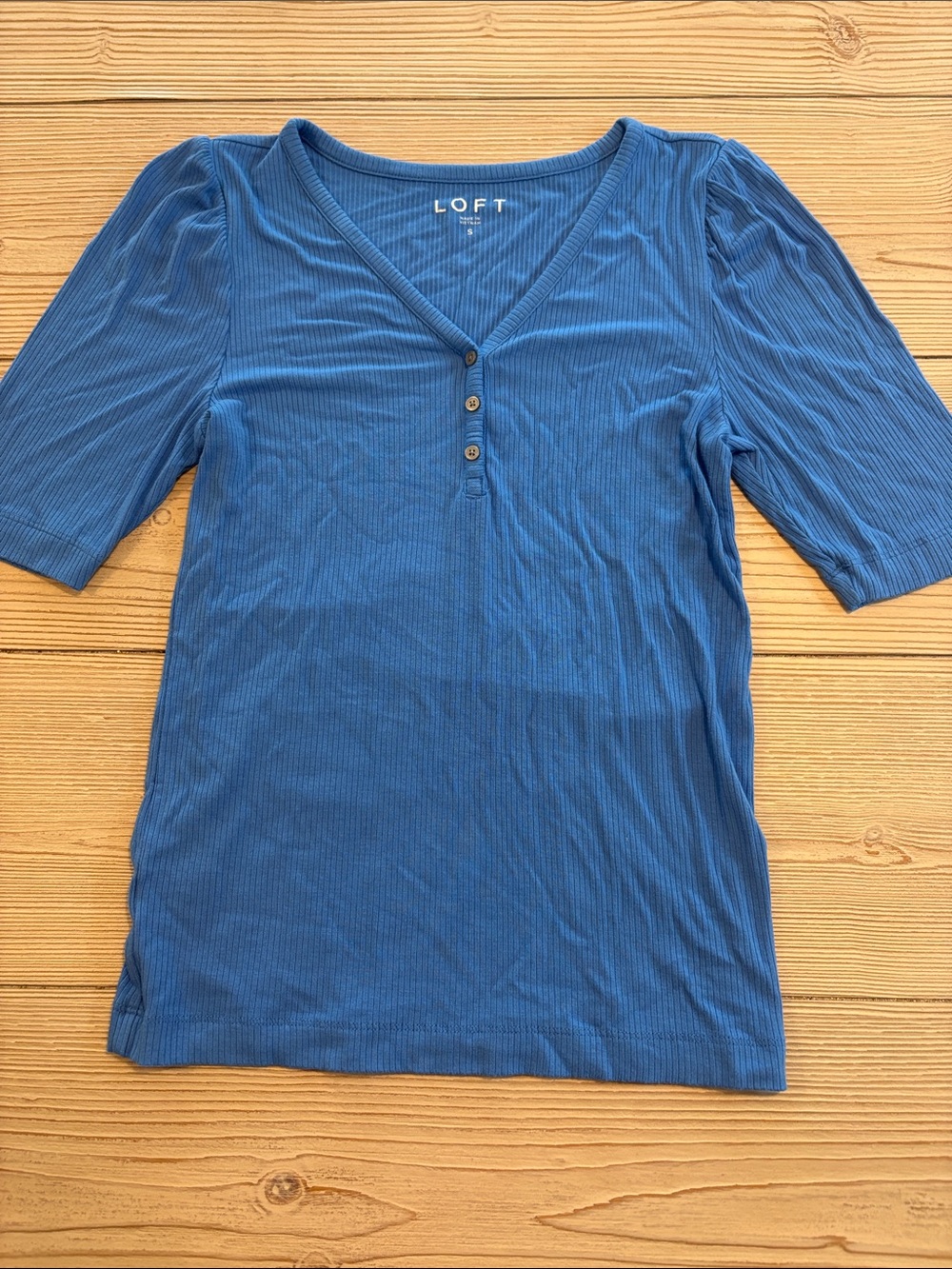 LOFT Blue Ribbed V-Neck Henley Top